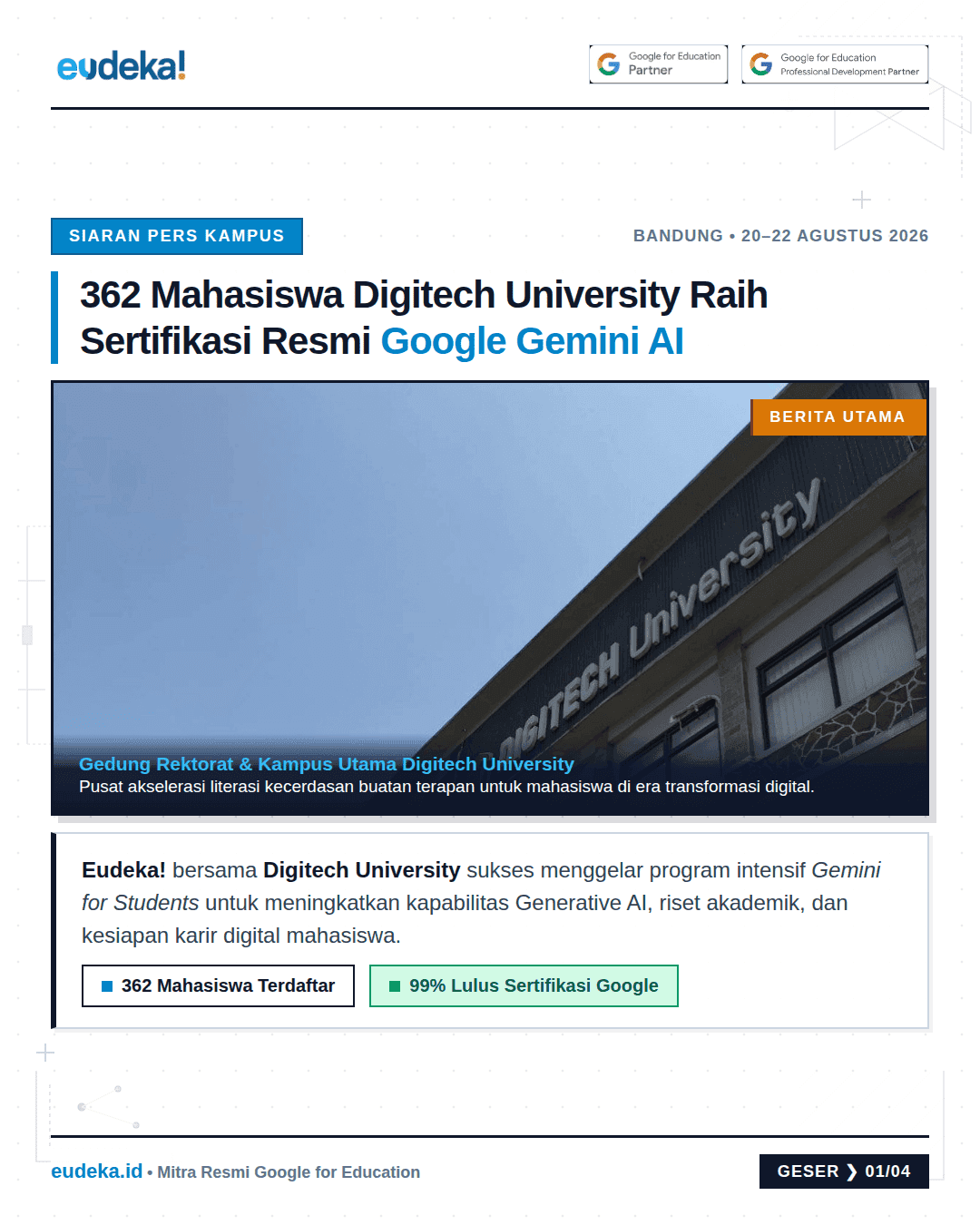 Tingkatkan Kompetensi AI dan Kesiapan Karir Digital, 362 Mahasiswa Digitech University Raih Sertifikasi Resmi Google Gemini AI bersama Eudeka!
